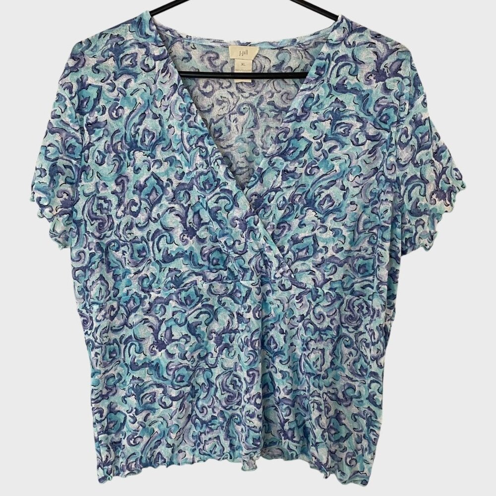 J.Jill Ruffled V-Neck Blouse Blue Women's Size XL Watercolor Abstract Print